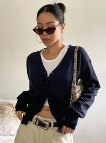 DAZY Drop Shoulder Button Up Cardigan,Long Sleeve Tops,Fall Clothes - Navy Blue - View 7