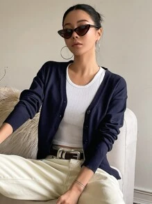 DAZY Drop Shoulder Button Up Cardigan,Long Sleeve Tops,Fall Clothes - Navy Blue - View 8