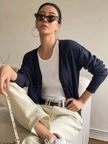 DAZY Drop Shoulder Button Up Cardigan,Long Sleeve Tops,Fall Clothes - Navy Blue - View 9