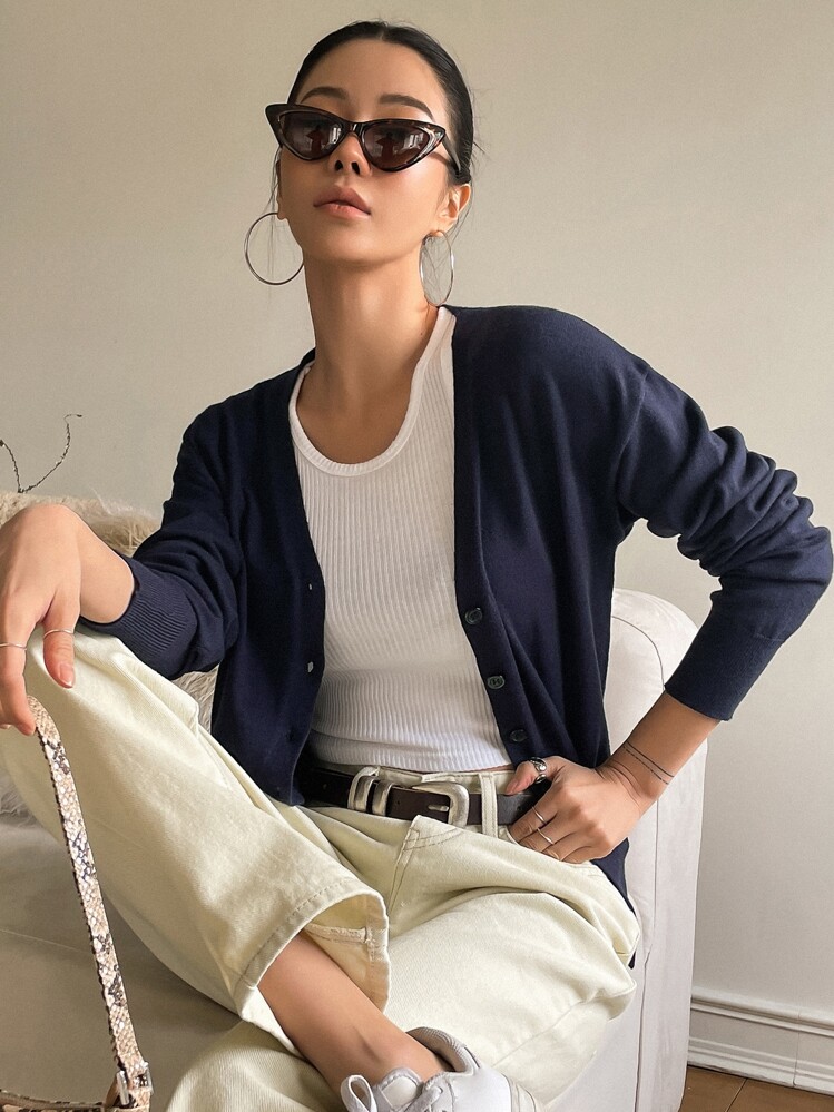 DAZY Drop Shoulder Button Up Cardigan,Long Sleeve Tops,Fall Clothes - Navy Blue - View 9