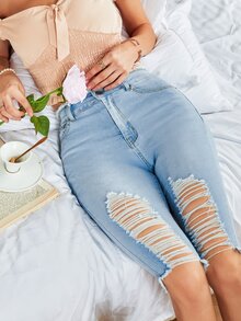 毛邊破洞緊身牛仔短褲 - 淺色水洗藍 - 查看 3