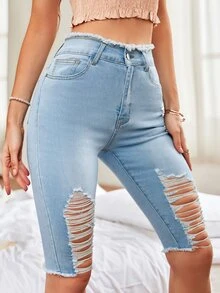 毛邊破洞緊身牛仔短褲 - 淺色水洗藍 - 查看 5