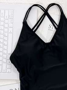 Frill Trim Backless One Piece Swimsuit, For Summer Beach Vacation - Black - View 3