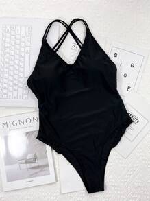 Frill Trim Backless One Piece Swimsuit, For Summer Beach Vacation - Black - View 4