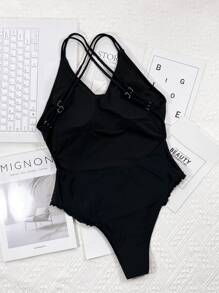 Frill Trim Backless One Piece Swimsuit, For Summer Beach Vacation - Black - View 5