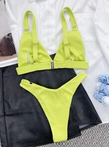 Rib Ring Linked Bikini For Summer Beach - Lime Green - View 2