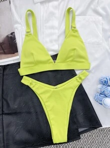 Rib Ring Linked Bikini For Summer Beach - Lime Green - View 3