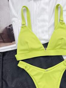 Rib Ring Linked Bikini For Summer Beach - Lime Green - View 5