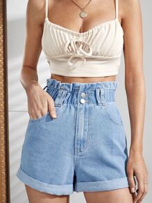 Quần short denim nữ Nút Túi Dây kéo Denim mùa giặt Quần paper-bag màu trơn - Rửa nhẹ - Xem 1