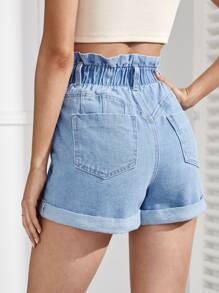 Quần short denim nữ Nút Túi Dây kéo Denim mùa giặt Quần paper-bag màu trơn - Rửa nhẹ - Xem 2
