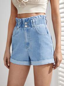 Quần short denim nữ Nút Túi Dây kéo Denim mùa giặt Quần paper-bag màu trơn - Rửa nhẹ - Xem 3
