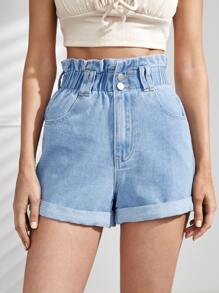 Quần short denim nữ Nút Túi Dây kéo Denim mùa giặt Quần paper-bag màu trơn - Rửa nhẹ - Xem 4