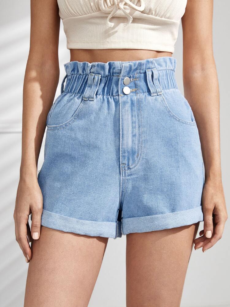 Quần short denim nữ Nút Túi Dây kéo Denim mùa giặt Quần paper-bag màu trơn - Rửa nhẹ - Xem 4