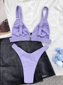 SHEIN Swim Summer Beach Ribbed Bikini Set Ring Linked Adjustable Strap Triangle Bra & High Cut 2 Piece Bathing Suit