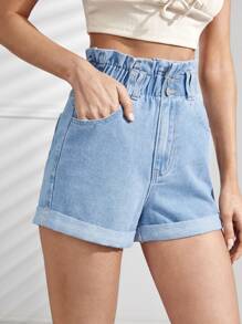Quần short denim nữ Nút Túi Dây kéo Denim mùa giặt Quần paper-bag màu trơn - Rửa nhẹ - Xem 5