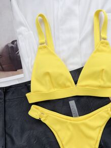 SHEIN Swim Bikini de enlace de anillo de costilla para la playa de verano - Amarillo - Ver 3