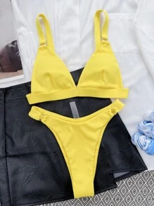 SHEIN Swim Bikini de enlace de anillo de costilla para la playa de verano - Amarillo - Ver 4