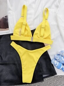 SHEIN Swim Bikini de enlace de anillo de costilla para la playa de verano - Amarillo - Ver 5