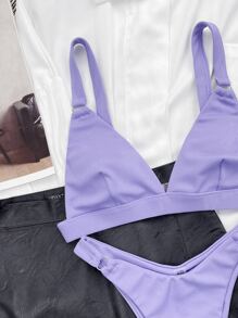 SHEIN Swim Summer Beach Ribbed Bikini Set Ring Linked Adjustable Strap Triangle Bra & High Cut 2 Piece Bathing Suit