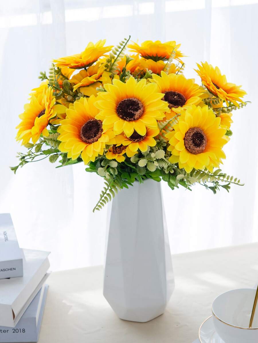 1束/3束人造向日葵花束，带绒毛雏菊，适用于婚礼装饰、家居花瓶、插花、餐厅、卧室、户外花园、节日、派对装饰、拍照背景、DIY帽子材料、情人节和新年礼物 - 黃色 - 查看 1