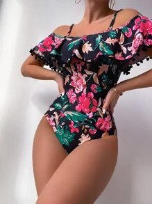 SHEIN Swim Summer Beach Floral Print Pom-Pom Decor One Piece Swimsuit - Multicolor - View 3