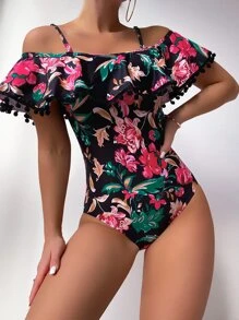 SHEIN Swim Summer Beach Floral Print Pom-Pom Decor One Piece Swimsuit - Multicolor - View 4
