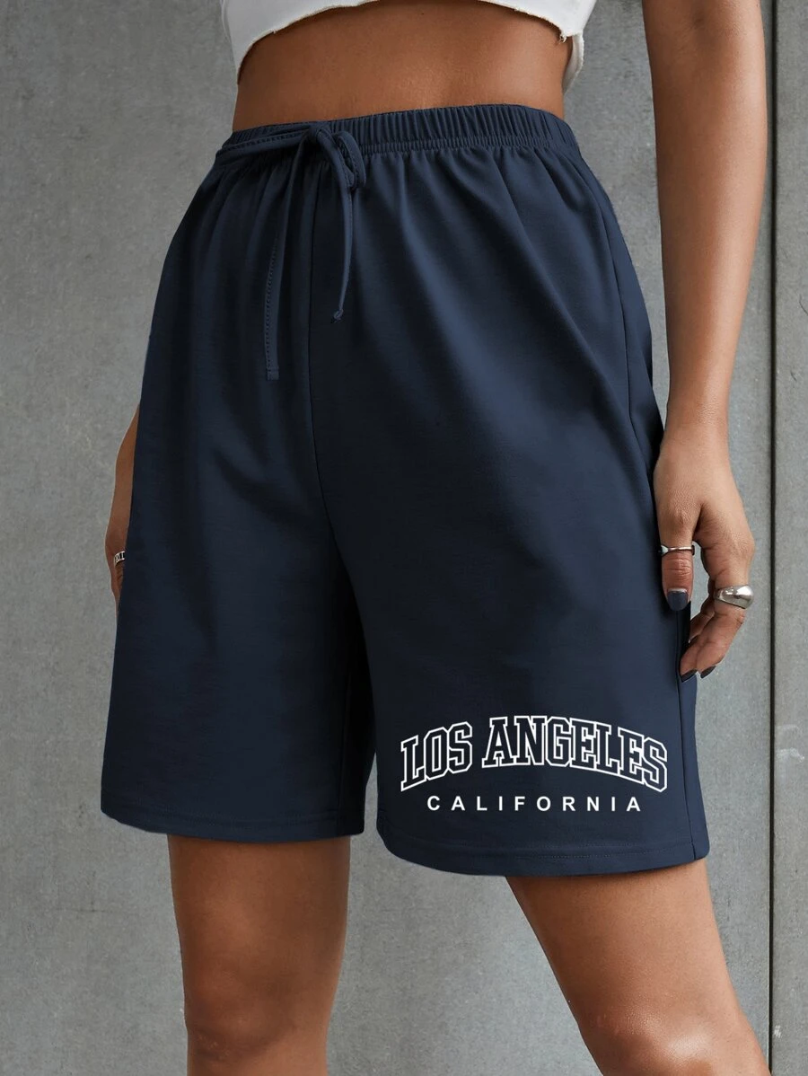 SHEIN Unity Letter Graphic Tie Front Shorts - Navy Blue - View 1