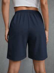 SHEIN Unity Letter Graphic Tie Front Shorts - Navy Blue - View 2