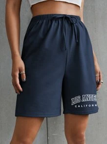 SHEIN Unity Letter Graphic Tie Front Shorts - Navy Blue - View 3