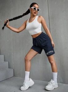 SHEIN Unity Letter Graphic Tie Front Shorts - Navy Blue - View 4