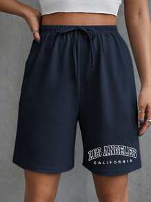 SHEIN Unity Letter Graphic Tie Front Shorts - Navy Blue - View 5