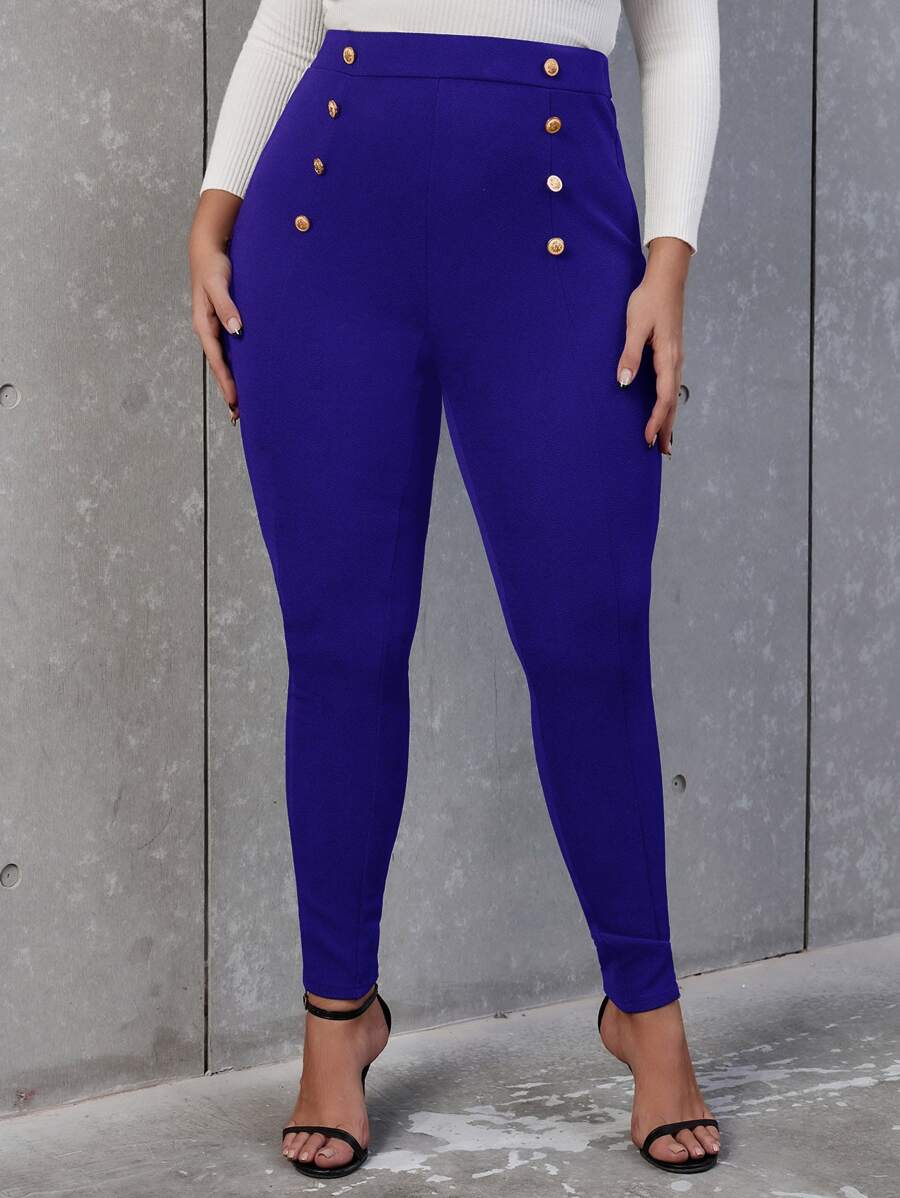 SHEIN Privé Plus High Waist Button Detail Skinny Trousers - Royal Blue - View 1