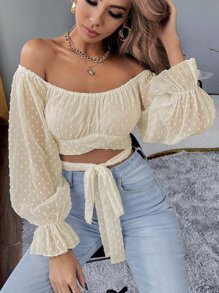SHEIN Privé Solid Swiss Dot Tie Front Crop Top - Apricot - View 1