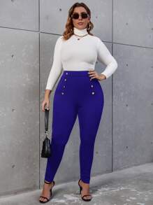 SHEIN Privé Plus High Waist Button Detail Skinny Trousers - Royal Blue - View 3