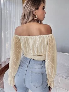 SHEIN Privé Solid Swiss Dot Tie Front Crop Top - Apricot - View 2