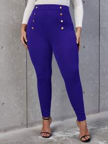 SHEIN Privé Plus High Waist Button Detail Skinny Trousers - Royal Blue - View 4