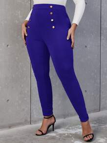 SHEIN Privé Plus High Waist Button Detail Skinny Trousers - Royal Blue - View 5