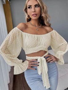SHEIN Privé Solid Swiss Dot Tie Front Crop Top - Apricot - View 4