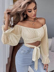 SHEIN Privé Solid Swiss Dot Tie Front Crop Top - Apricot - View 5