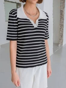 DAZY 條紋圖案拼接領針織上衣 - 黑與白 - 查看 3