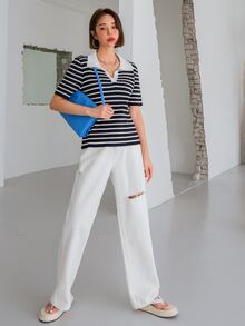 DAZY 條紋圖案拼接領針織上衣 - 黑與白 - 查看 4