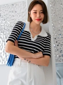 DAZY 條紋圖案拼接領針織上衣 - 黑與白 - 查看 6