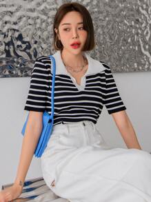 DAZY 條紋圖案拼接領針織上衣 - 黑與白 - 查看 7