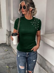 Pearls Beaded Rib-knit Round Neck Tee - Dark Green - View 1