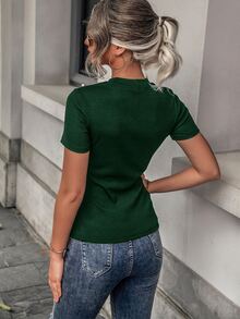 Pearls Beaded Rib-knit Round Neck Tee - Dark Green - View 2