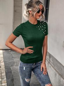 Pearls Beaded Rib-knit Round Neck Tee - Dark Green - View 4