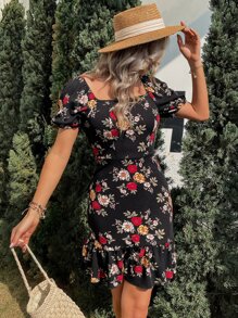 Vestido con estampado floral de manga farol de cuello cuadrado bajo con fruncido - Negro - Ver 1