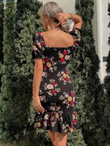 Vestido con estampado floral de manga farol de cuello cuadrado bajo con fruncido - Negro - Ver 2