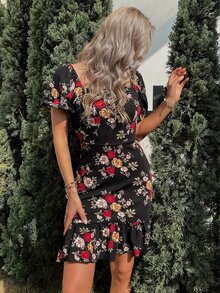 Vestido con estampado floral de manga farol de cuello cuadrado bajo con fruncido - Negro - Ver 3