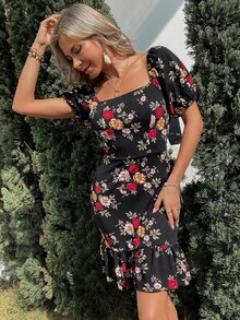 Vestido con estampado floral de manga farol de cuello cuadrado bajo con fruncido - Negro - Ver 4